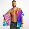 front view of model holding jersey open to reveal both tie-dye and acid melt sides
