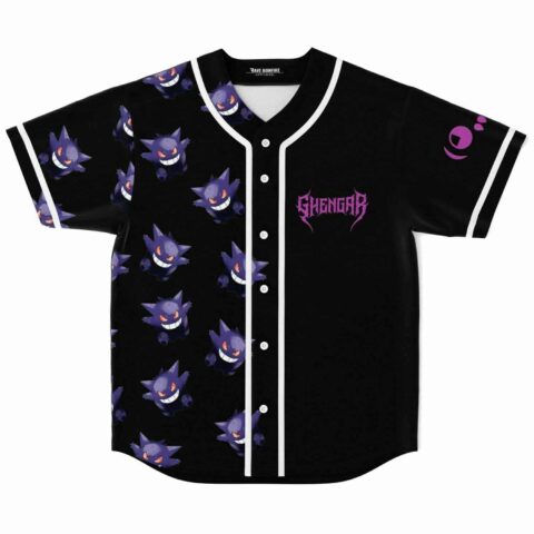 Black baseball jersey with grinning purple ghost-monster print and Ghengar text on chest, front view