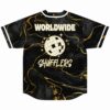 Black and gold rave baseball jersey with globe design, back view