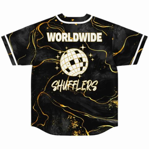 Black and gold baseball jersey with globe design, back view