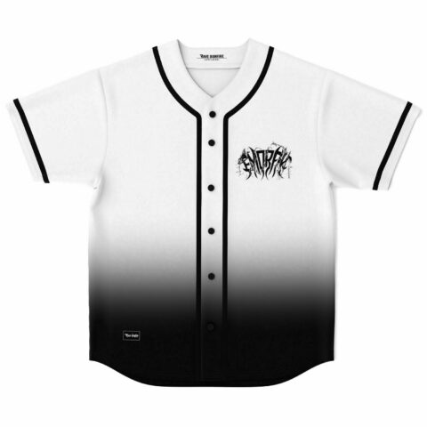 White baseball jersey, black ombre fade, spiky thorn text logo on chest, front view