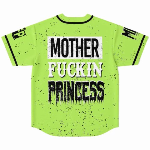 Neon lime grunge jersey back view with black splatter and Mother Fuckin Princess text
