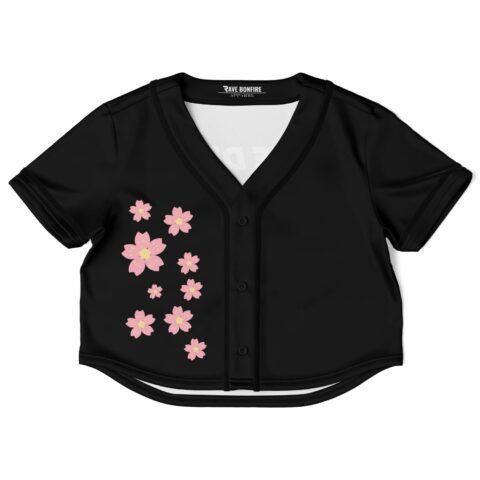 Black cropped baseball jersey with pink floral design on front