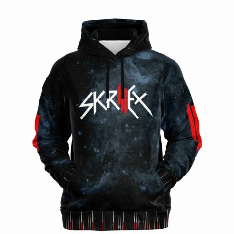 Front view of black galaxy hoodie with red sleeve stripes and drawstring hood detail