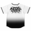 White baseball jersey back view showing black ombre fade and barbed thorn lettering graphic