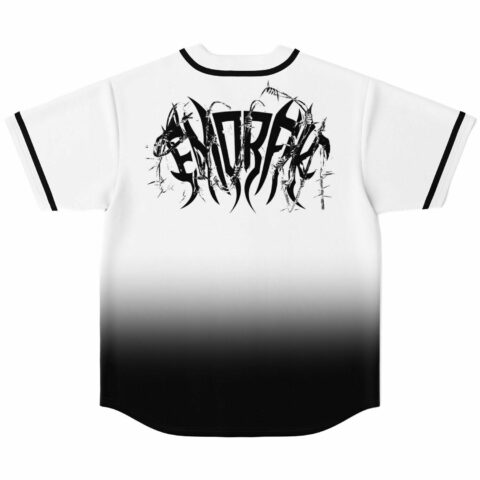 White baseball jersey back view showing black ombre fade and barbed thorn lettering graphic
