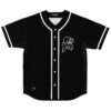 Black baseball jersey with white line art hooded figure and spiral goggles on chest