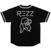 Back view of black jersey with REZZ text and spiral goggles line art design