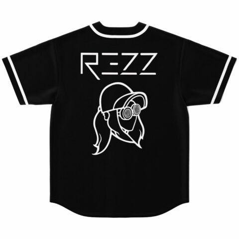 Back view of black jersey with REZZ text and spiral goggles line art design