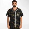 Model wearing black and gold swirl rave baseball jersey, front view