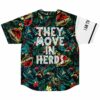 Back view of jungle print jersey reading THEY MOVE IN HERDS over dinosaur foliage design