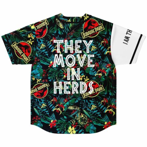 Back view of jungle print jersey reading THEY MOVE IN HERDS over dinosaur foliage design