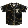 Black and gold swirl rave baseball jersey with chest logo, front view