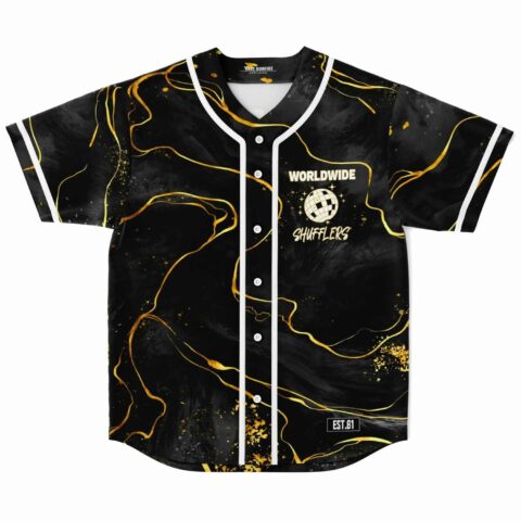 Black and gold swirled baseball jersey with logo, front view