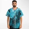 Model wearing teal turquoise abstract swirl baseball jersey with white button placket front view