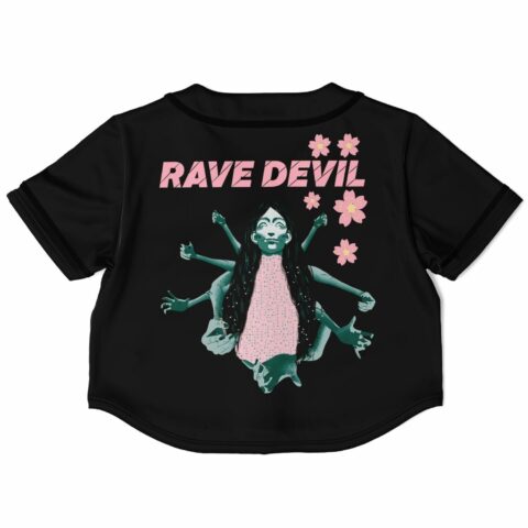 Back view of cropped jersey featuring multi-armed character and text