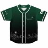 Green ombre baseball jersey with abstract line-art flowers and handwritten signature graphic, front view