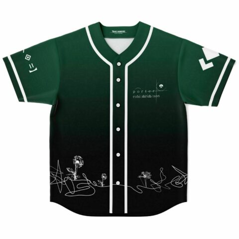 Green ombre baseball jersey with abstract line-art flowers and handwritten signature graphic, front view