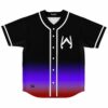 Black baseball jersey with purple to red ombre fade and stylized W logo on chest
