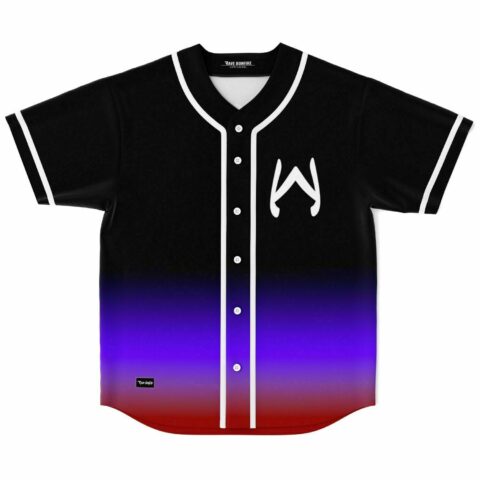 Black baseball jersey with purple to red ombre fade and stylized W logo on chest