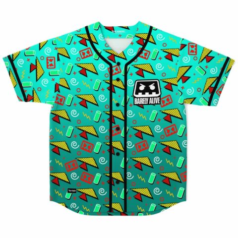 Teal 1990s Memphis pattern rave baseball jersey with angry cassette logo front view