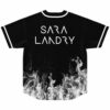White flame print rising up hem of black rave jersey, Sara Landry text on back