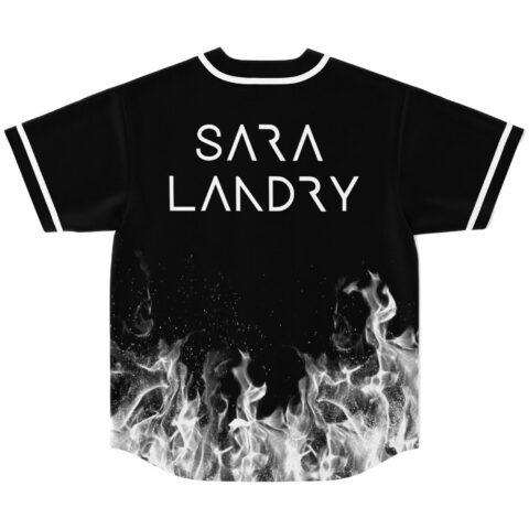 White flame print rising up hem of black rave jersey, Sara Landry text on back