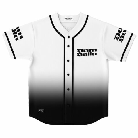 Black and white ombre baseball jersey with gothic blackletter Dom Dolla text on chest