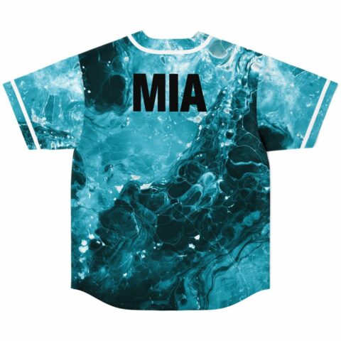 Back view of teal abstract liquid marble jersey with black MIA text below collar