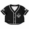 Black rave cropped baseball jersey with white accents and a logo