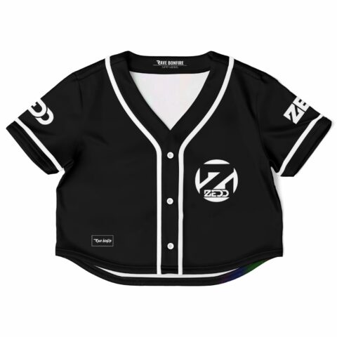 Cropped black baseball jersey with white accents and logo