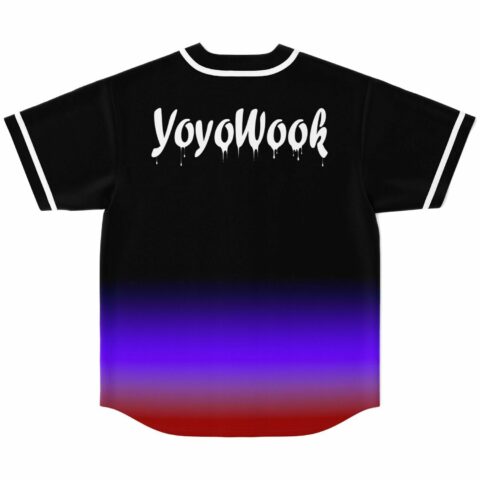 Back view of black jersey showing dripping YoyoWook text over blue red gradient hem