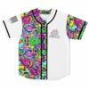 White rave baseball jersey with psychedelic swirl panel and Rave to the Grave text