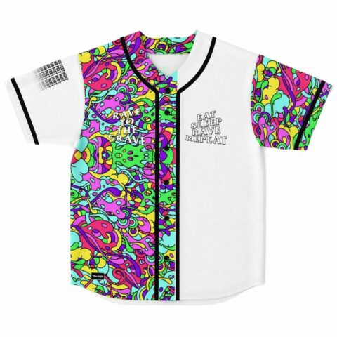 White rave baseball jersey with psychedelic swirl panel and Rave to the Grave text
