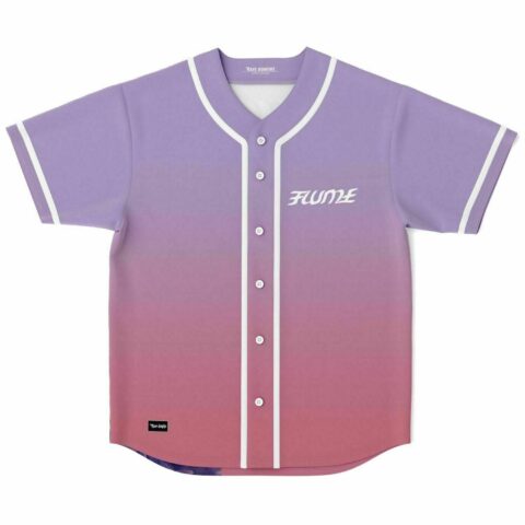 Purple to pink ombre baseball jersey with white Flume script logo, front view flat lay
