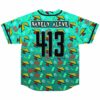 Teal Memphis print baseball jersey back view with Barely Alive 413 lettering