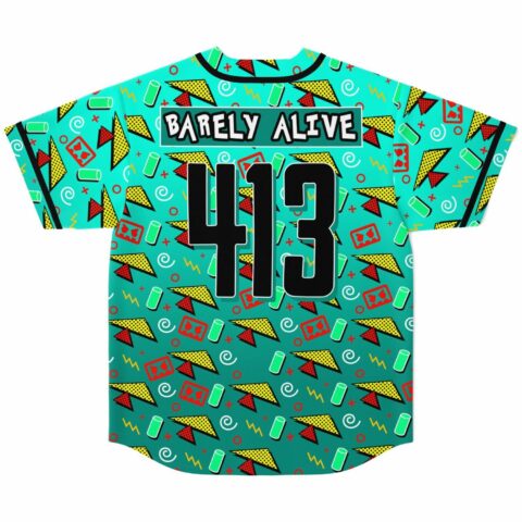 Teal Memphis print baseball jersey back view with Barely Alive 413 lettering