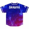 Cobalt blue galaxy jersey back view with custom SHAUNA nameplate over starry purple swirl print