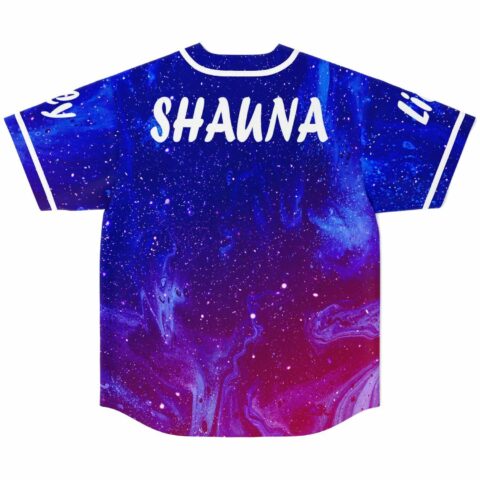 Cobalt blue galaxy jersey back view with custom SHAUNA nameplate over starry purple swirl print