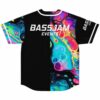 Back view of black jersey showing BASSJAM EVENTS text over psychedelic liquid swirl print