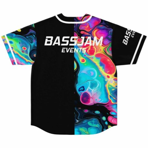 Back view of black jersey showing BASSJAM EVENTS text over psychedelic liquid swirl print
