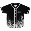 Black rave baseball jersey with white flame print and Sara Landry text, front view