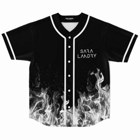 Black rave baseball jersey with white flame print and Sara Landry text, front view