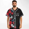 Man wearing black split rave baseball jersey with rose floral panel smiley folder gun icon