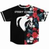 Spooky Signals rave jersey back view, ghost graphic shooting lightning bolt beside red rose print