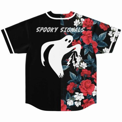 Spooky Signals rave jersey back view, ghost graphic shooting lightning bolt beside red rose print