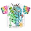 back view of reversible side featuring surreal melting face graphic with bong and phone