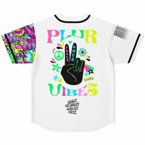Back view of white jersey with peace hand graphic and PLUR Vibes text over neon