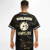 Model wearing black and gold globe rave baseball jersey, back view
