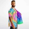 side view of model wearing reversible jersey showing tie-dye and acid swirl panels